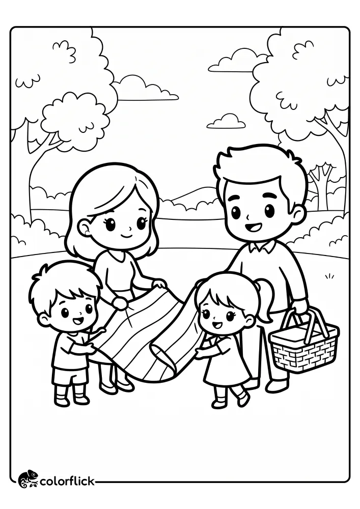 A free printable coloring sheet featuring a happy family of four folding a striped picnic blanket together outdoors while the father holds a closed woven picnic basket.