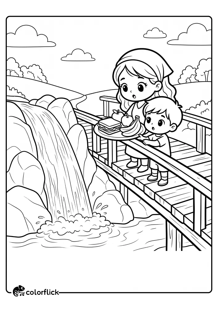 A printable coloring page for kids showing a mother and son on a wooden bridge with a picnic platter, looking at a cascading waterfall over rocks in a scenic landscape.