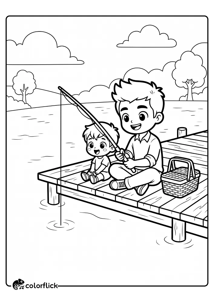 A printable coloring page for kids showing a smiling father teaching his son to fish on a wooden pier with a picnic basket. This free printable coloring sheet is perfect for learning about outdoor activities.
