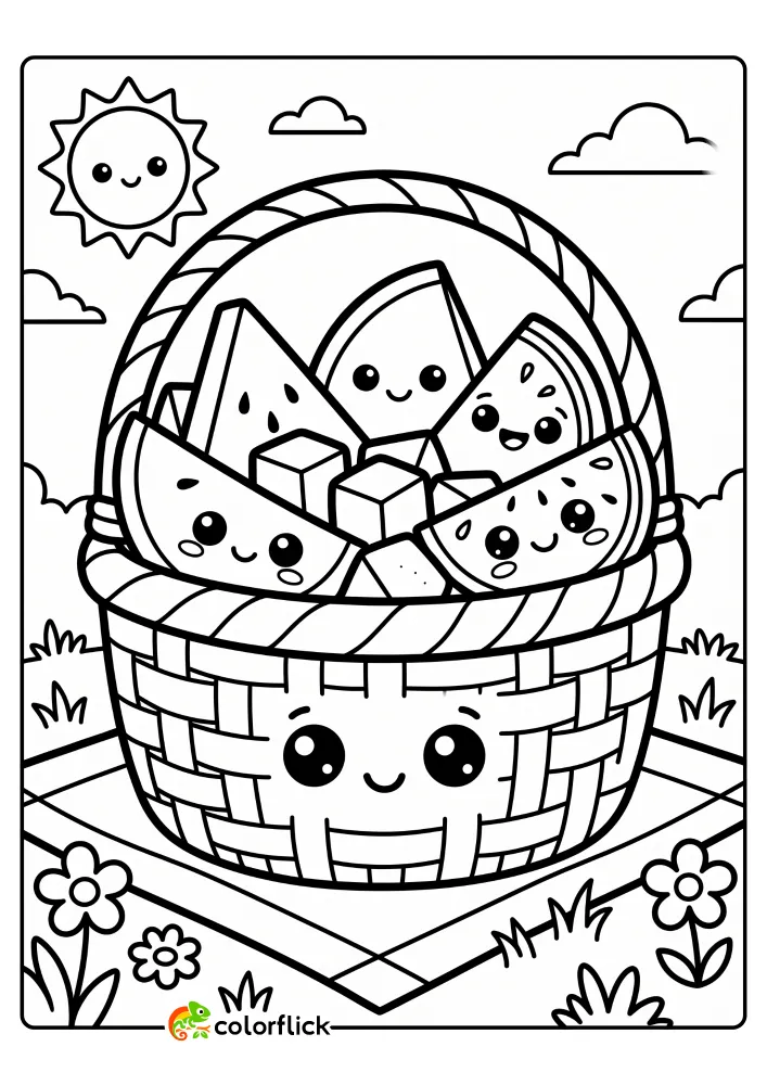A smiling wicker picnic basket overflowing with happy, cartoon watermelon slices and cubes on a blanket in a grassy field with a sun, printable coloring page for kids.
