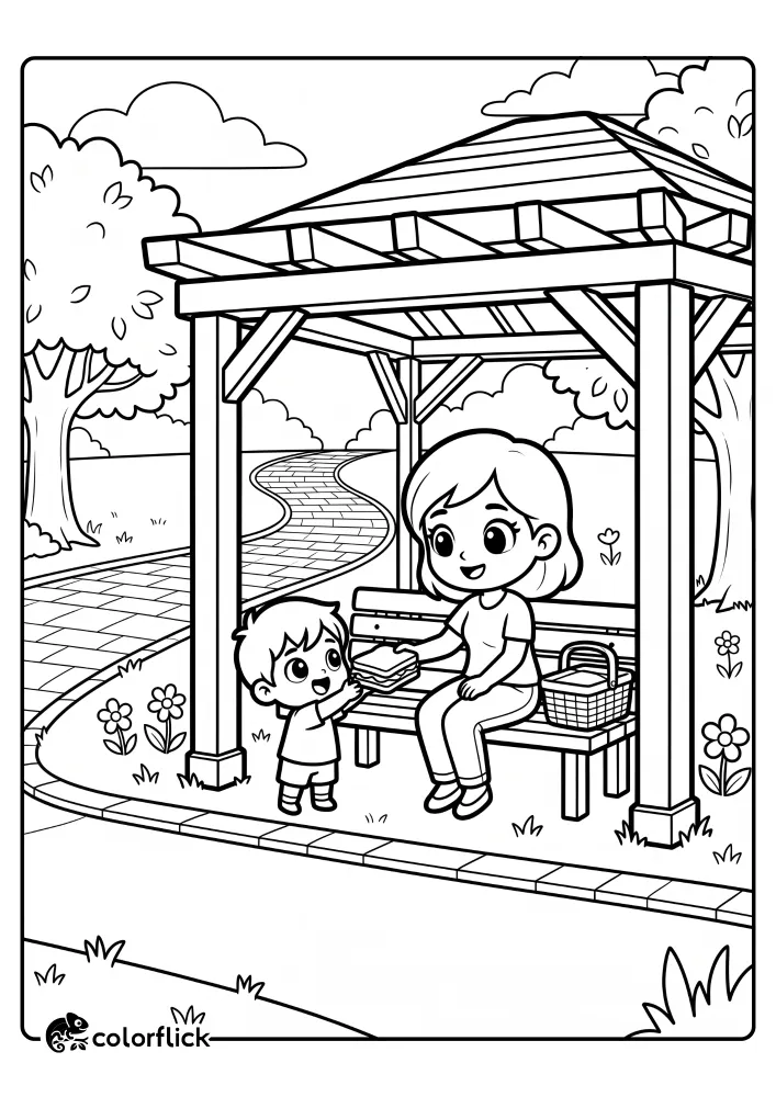 A free printable coloring sheet showing a smiling mother sitting on a park bench under a wooden gazebo, handing a sandwich to her young son, with a curved paved path in the background.