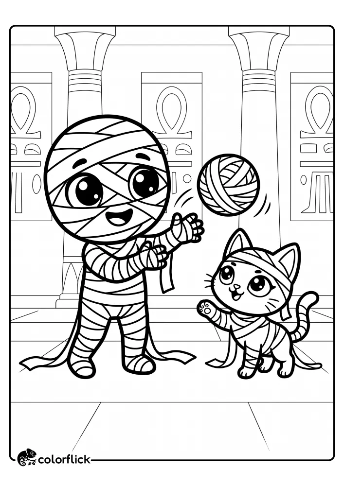 A happy chibi mummy and a small, bandaged Egyptian cat are playing together, tossing a large ball of yarn made from wrapping cloth, on this printable coloring page for kids set in an ancient Egyptian temple.