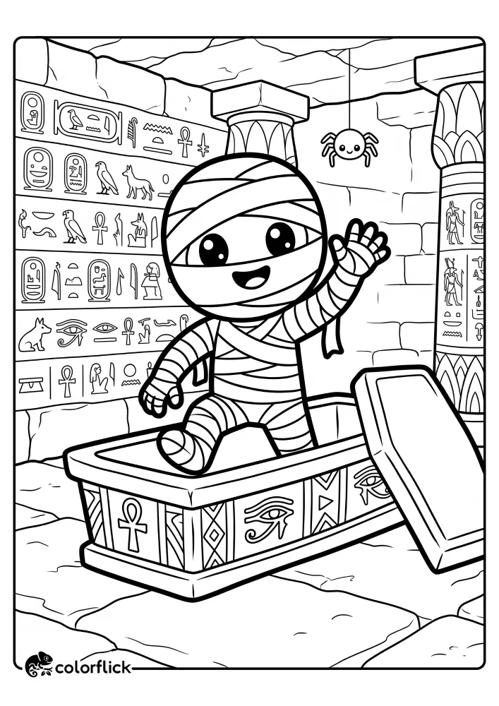 A friendly mummy waving hello as it steps out of a stone sarcophagus in a tomb filled with hieroglyphics and a tiny hanging spider on this free printable coloring sheet.