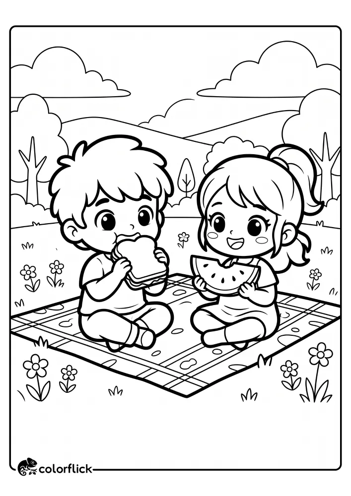 A printable coloring page for kids featuring a boy and a girl enjoying a picnic outdoors on a blanket, where the boy eats a sandwich and the girl holds a slice of watermelon.