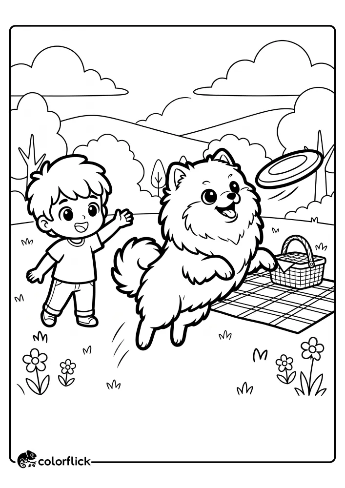 A black and white printable coloring page for kids depicting a fluffy Pomeranian dog jumping to catch a flying disc thrown by a child with an outstretched arm, with a picnic scene including a basket and blanket in the background.