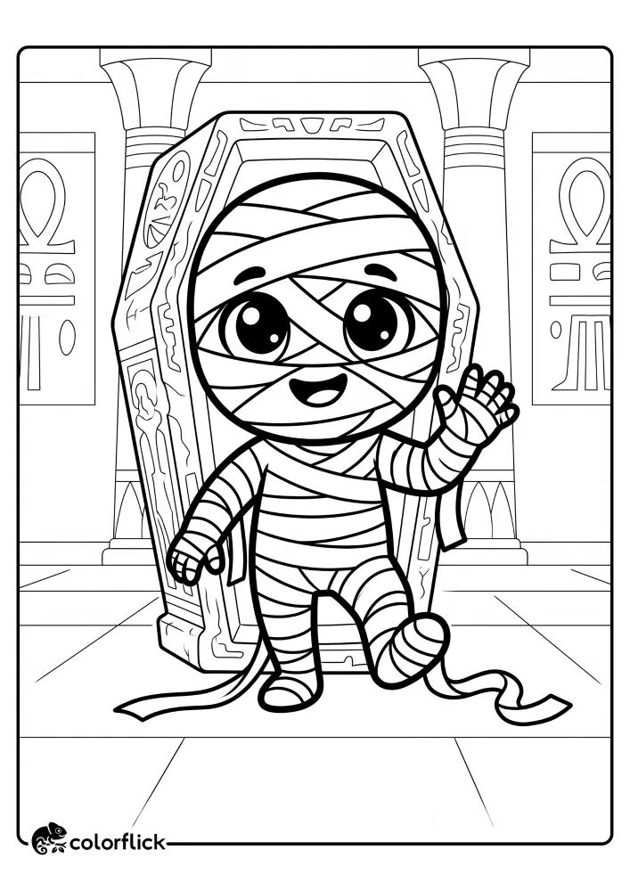 A smiling mummy stepping out of a sarcophagus waving hello on a printable coloring page for kids set in an ancient Egyptian temple.