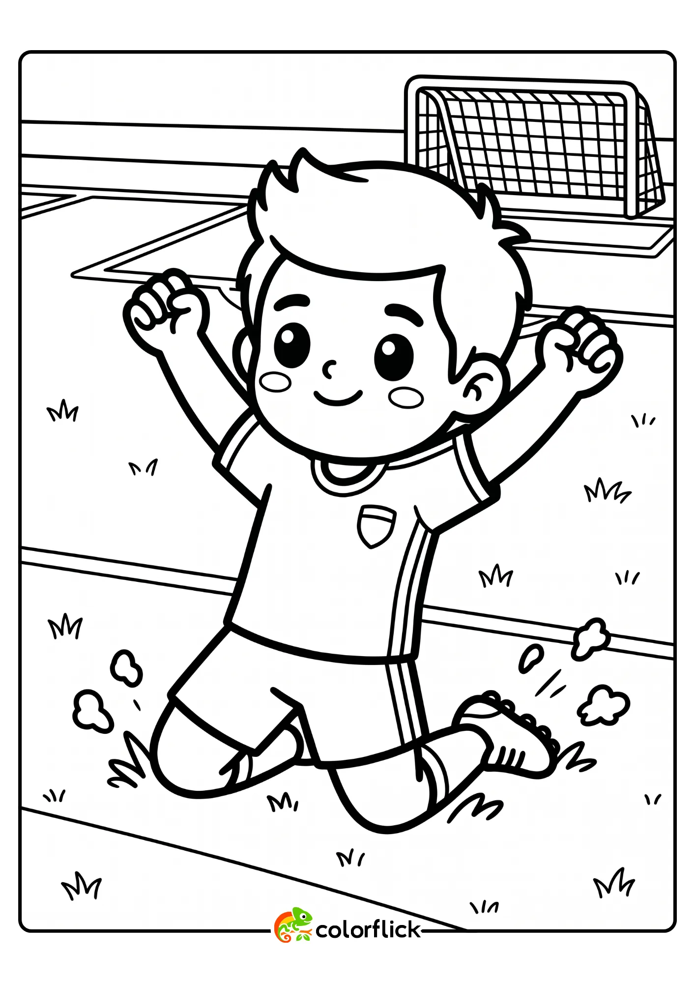 A bold line art drawing of a happy boy soccer player sliding on his knees with his arms raised high in triumph to celebrate scoring a goal, printable coloring page for kids.