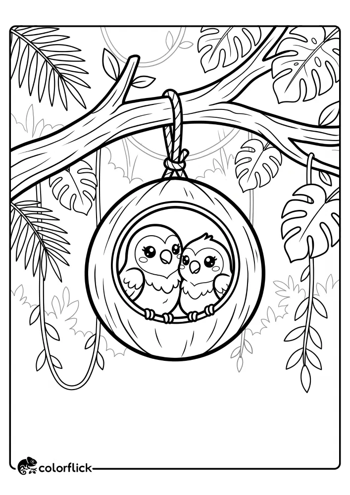 A cute printable coloring page for kids featuring two small lovebirds snuggling inside a round hanging swing in a jungle setting with large monstera and palm leaves, made in a clean black and white line art style.