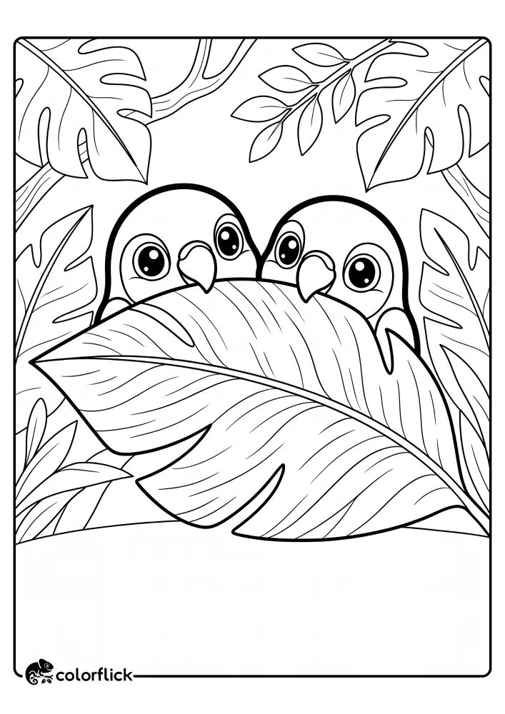A printable coloring page for kids showing two cute lovebirds with large eyes peeking over a giant monstera leaf, surrounded by more jungle foliage.