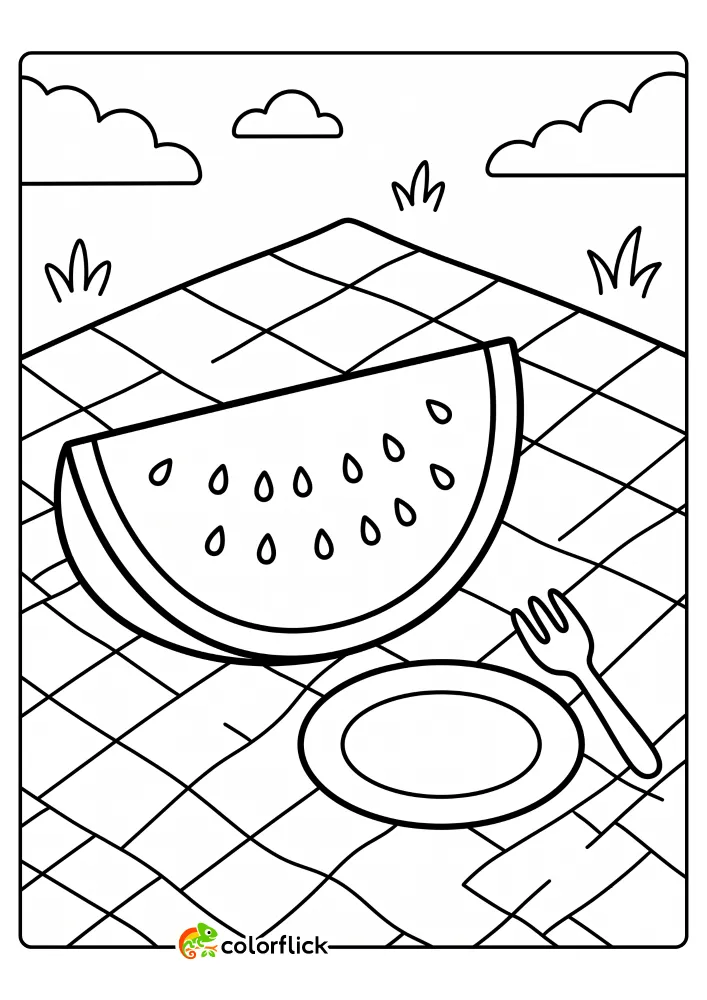A thick slice of watermelon with seeds sits on a checkered picnic blanket beside an empty plate and a fork in this printable coloring page for kids.