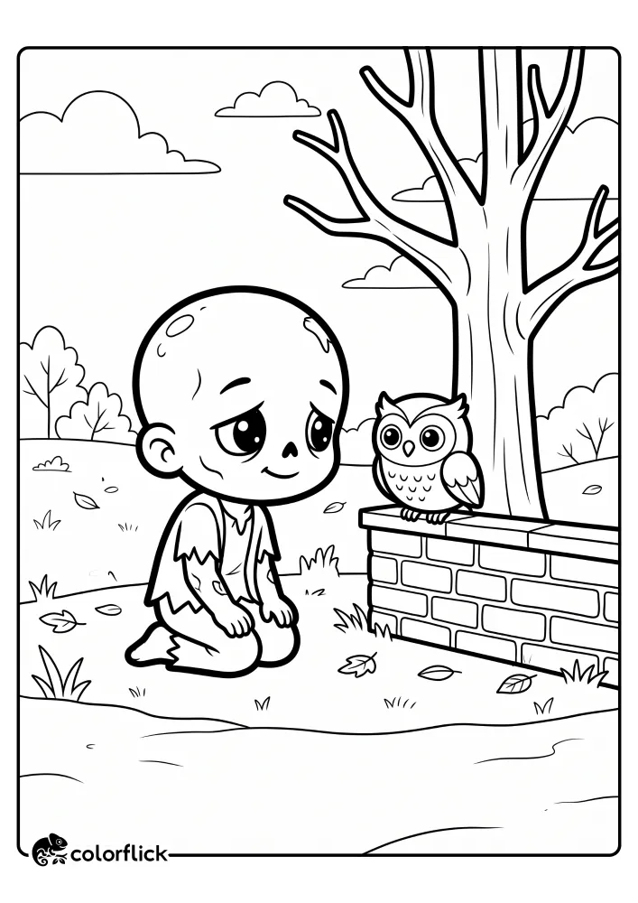 A printable coloring page for kids showing a cute zombie baby kneeling on the ground, looking up at an owl that is sitting on a brick wall next to a leafless tree in autumn.