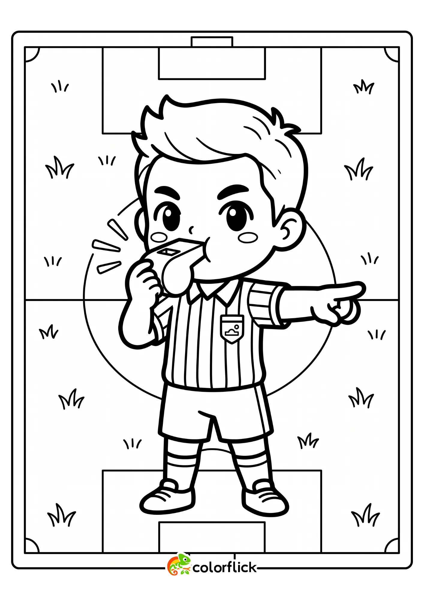 A bold line art illustration of a young male referee on a soccer pitch, holding a whistle to his mouth and blowing it while pointing a finger forward, printable coloring page for kids.