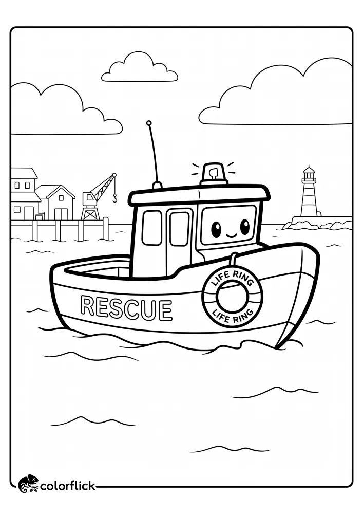 A printable coloring page for kids showing a smiling rescue boat with a life ring and an antenna patrolling the harbor near a lighthouse.