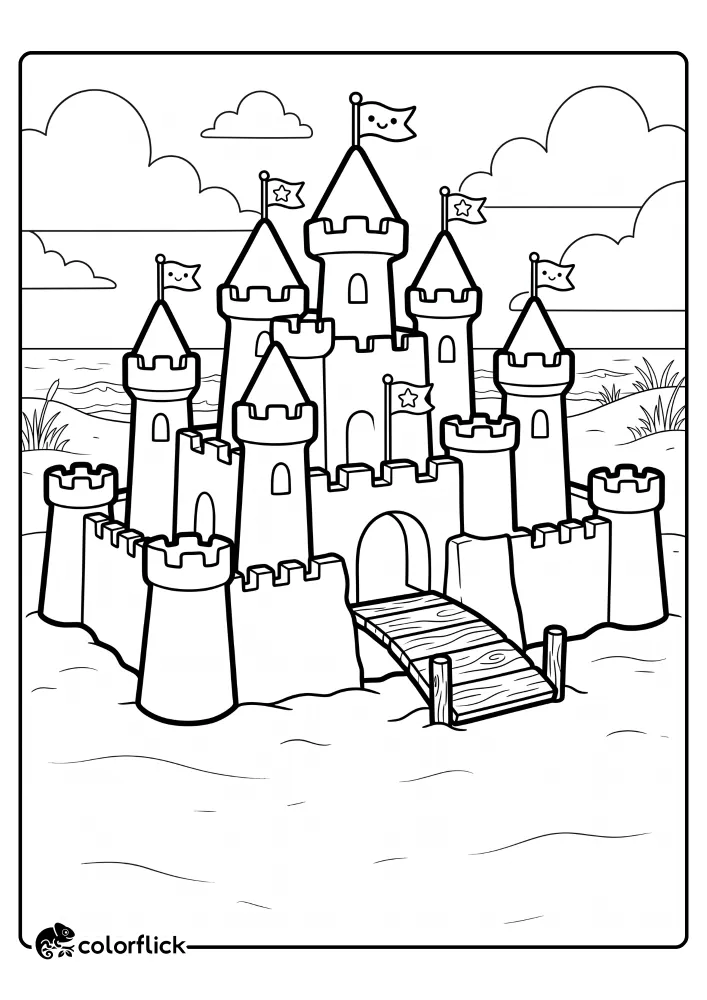 A detailed printable coloring page for kids showing a large sandcastle on a beach with towers, flags featuring stars and smiley faces, a wooden bridge over a water channel, and ocean waves under a cloudy sky.