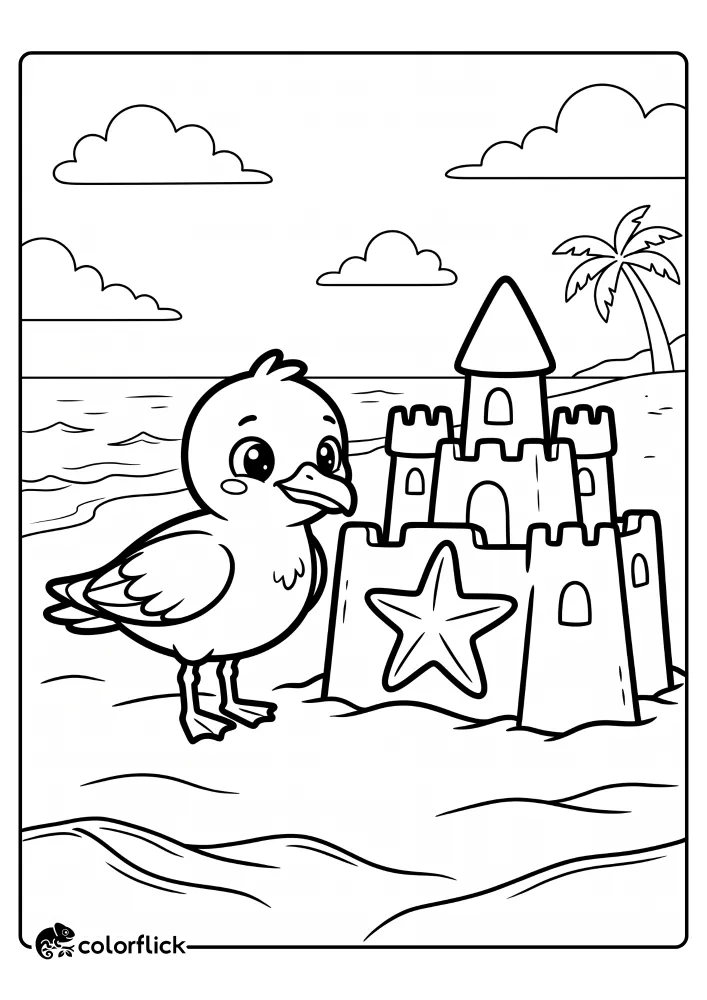A cheerful cartoon seagull standing on the beach sand, looking at a finished sandcastle with a starfish on it, with ocean waves and a palm tree in the background; a free printable coloring sheet for kids.