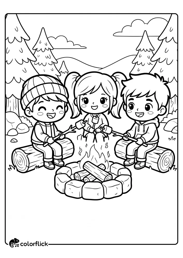 A printable coloring page for kids featuring three smiling friends sitting on logs around a stone campfire, holding sticks with marshmallows over the flames in a forest setting.