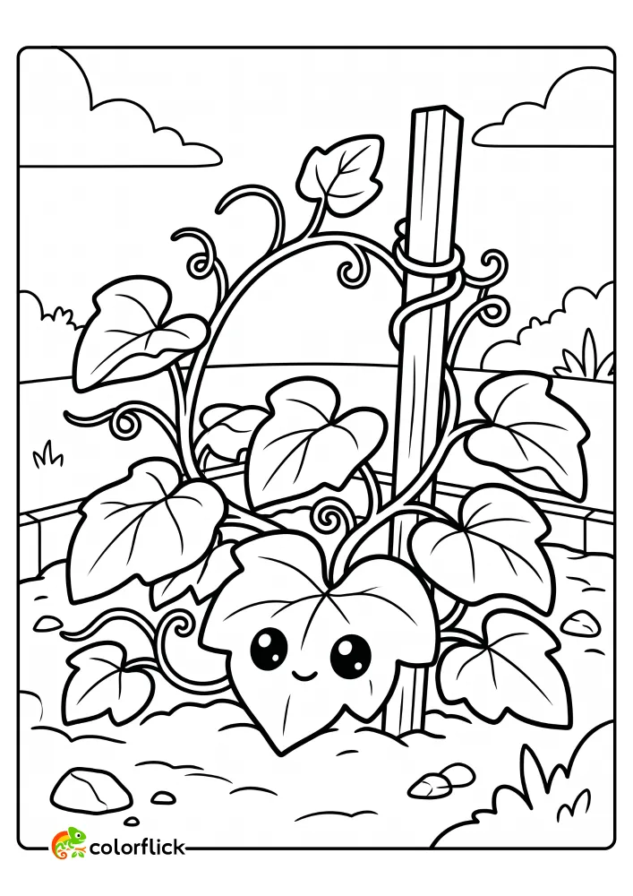 A printable coloring page for kids featuring a cute garden vine with broad leaves and a smiling face climbing a wooden garden stake in a garden bed.