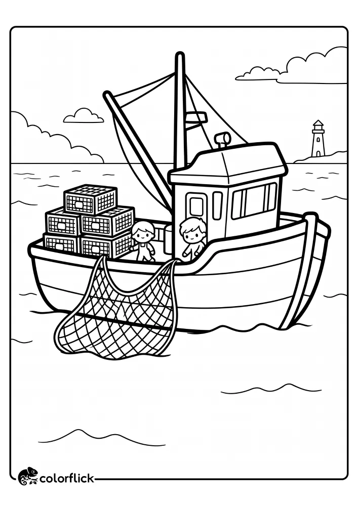 A printable coloring page for kids featuring a cute fishing boat out at sea with a large net, stacked traps, and a distant lighthouse.