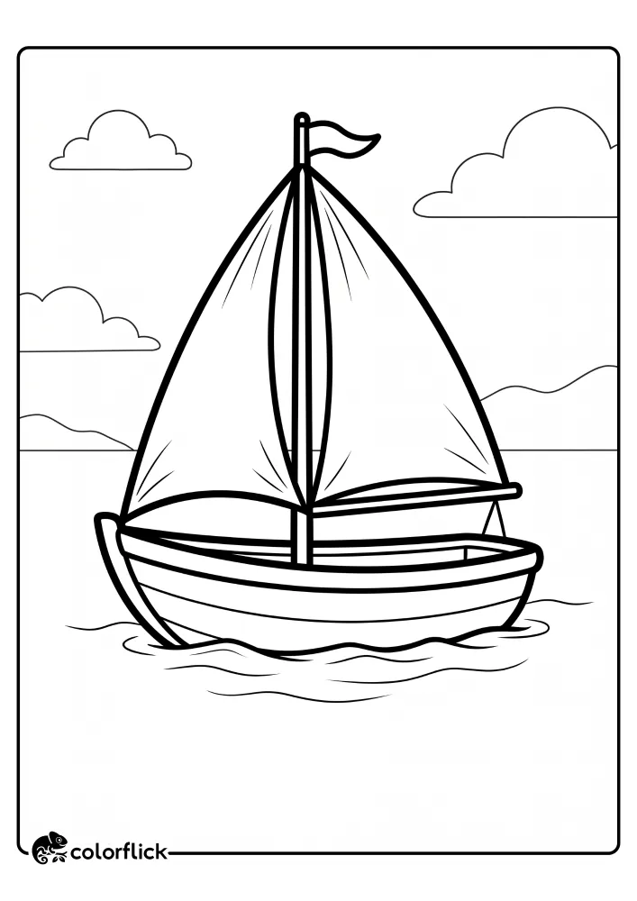 A simple sailboat with a mast, large sails, and a small flag floating on calm water with clouds in the sky, presented as a printable coloring page for kids.