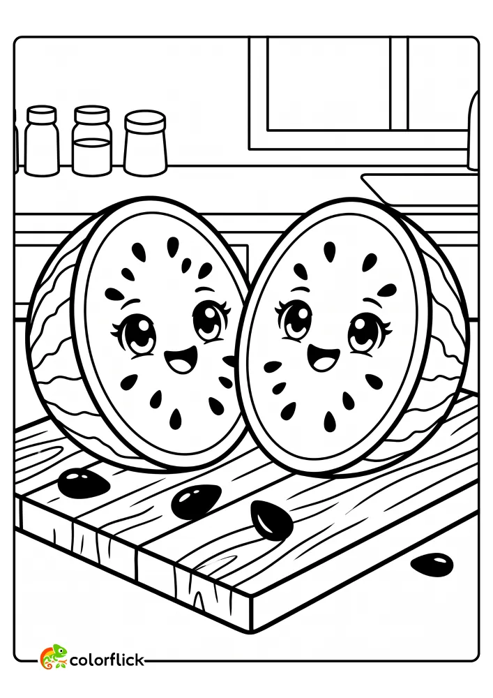 A cute, printable coloring page for kids featuring two smiling, cut watermelon halves with seeds on a wooden cutting board in a kitchen.