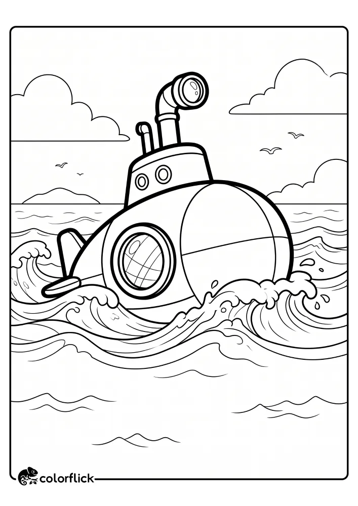 A simple, bold-outline submarine with an extended periscope and a round viewing port is emerging from the waves, with a distant island and birds in the background, a free printable coloring sheet for kids.