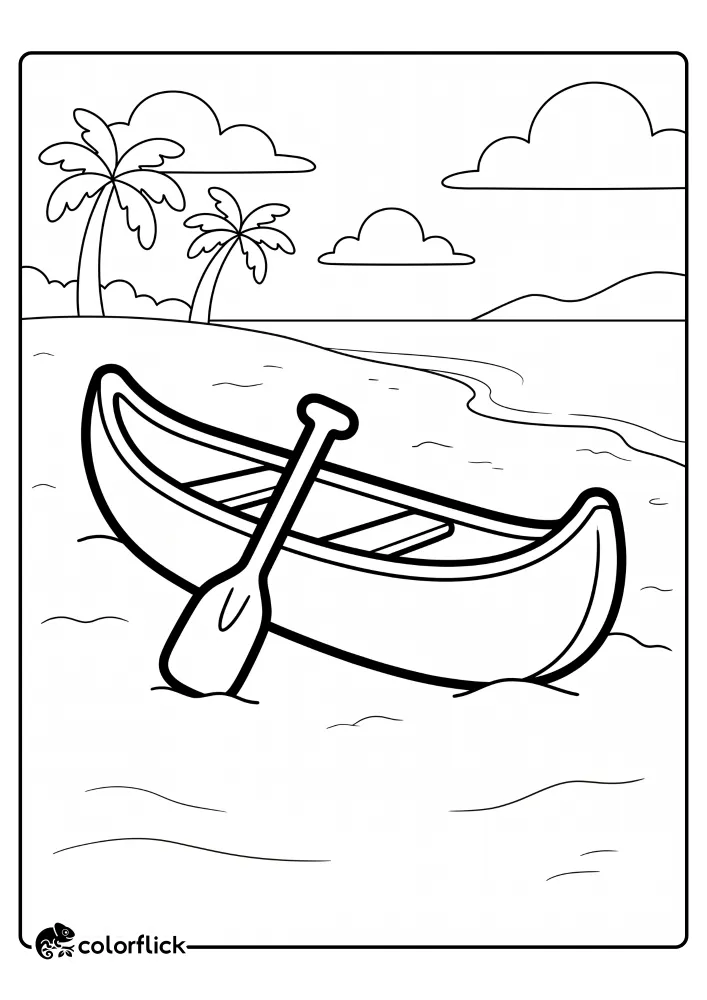 A black and white line art drawing of a traditional canoe resting on a sandy beach with a paddle inside, a printable coloring page for kids.