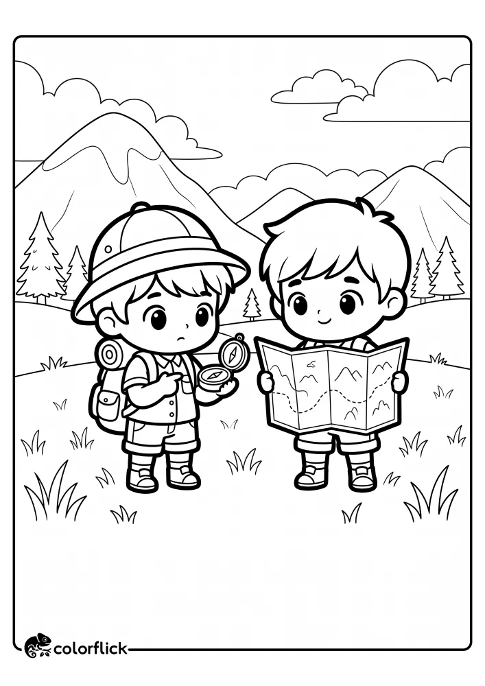 A printable coloring page for kids showing two adventurous boy explorers, one holding a compass and one with a map, standing in a grassy meadow with mountains and pine trees in the background.