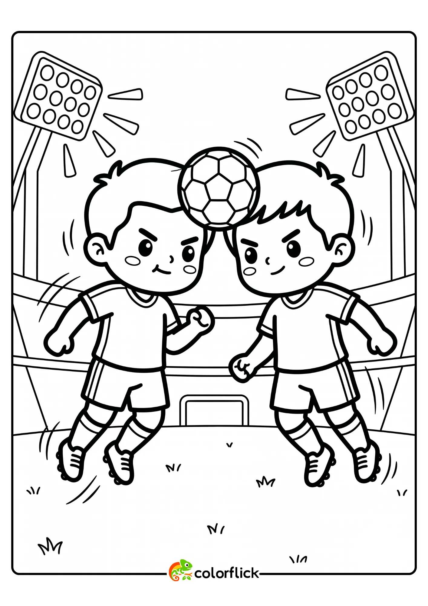 A bold line art illustration of two soccer players leaping simultaneously to head the football under stadium lights, a printable coloring page for kids.