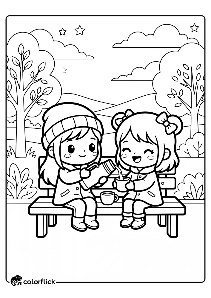 A free printable coloring sheet showing two young friends sitting on a wooden bench outdoors, pouring warm drinks from a thermos into cups.