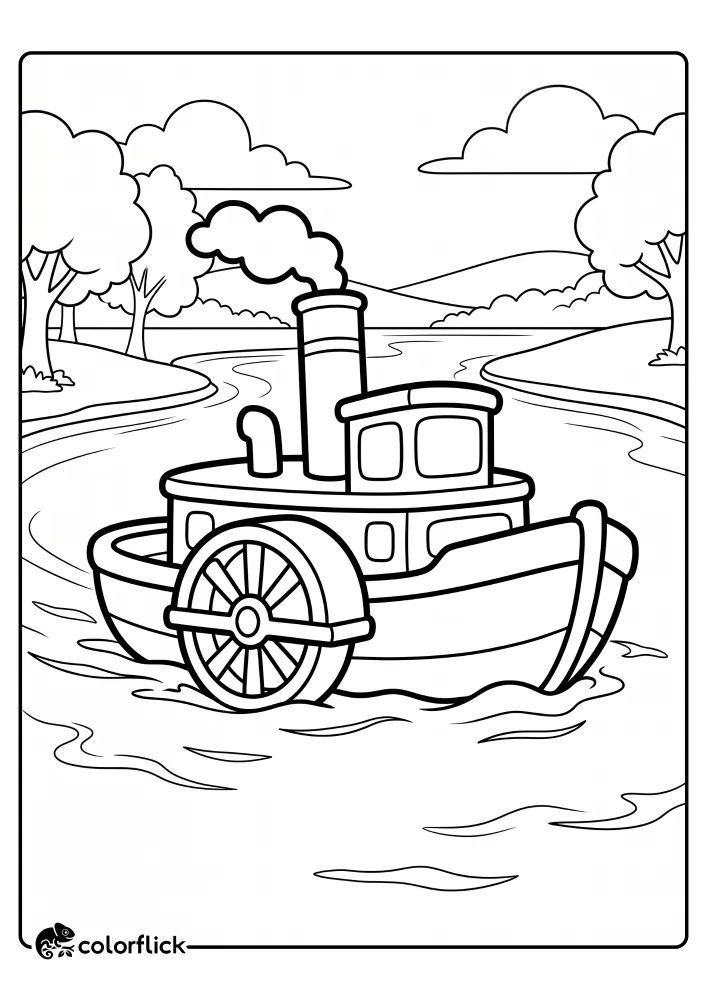 A clear black and white line art drawing of a vintage paddle steamer boat puffing smoke as it travels down a river surrounded by trees, designed as a free printable coloring sheet.