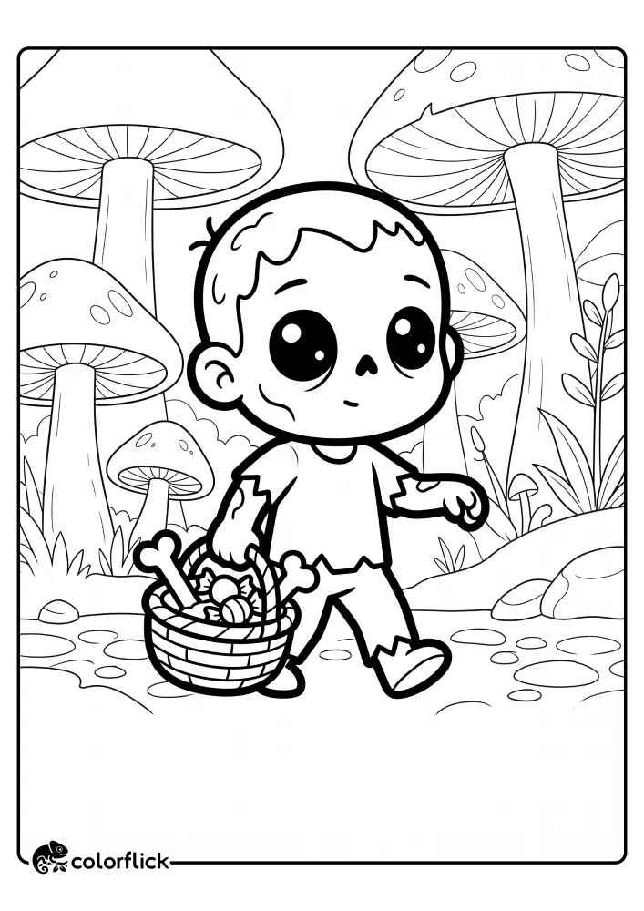 A cute cartoon zombie walking through a whimsical garden of giant mushrooms while holding a woven basket full of bones and wrapped candies, designed as a free printable coloring sheet.