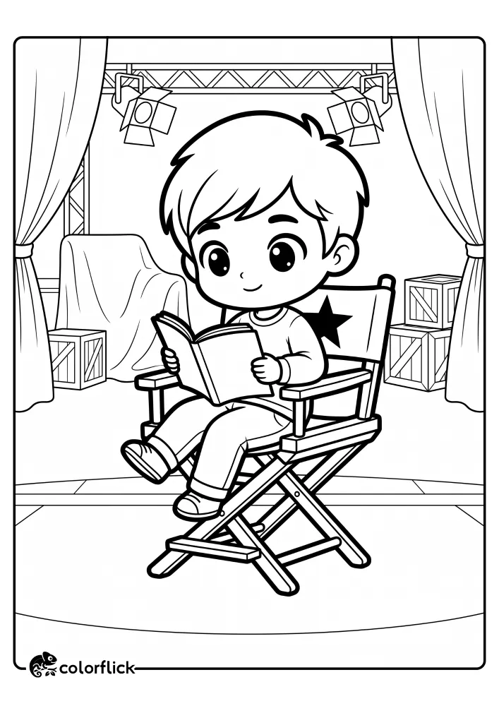 A free printable coloring sheet for kids showing a young actor sitting in a tall chair with a star on the back, reading a script between takes on a theater set with stage lights.