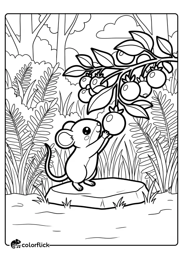 A cute woodland mouse standing on a stone reaching up to pick a berry from a branch surrounded by forest ferns and grass, a free printable coloring sheet.