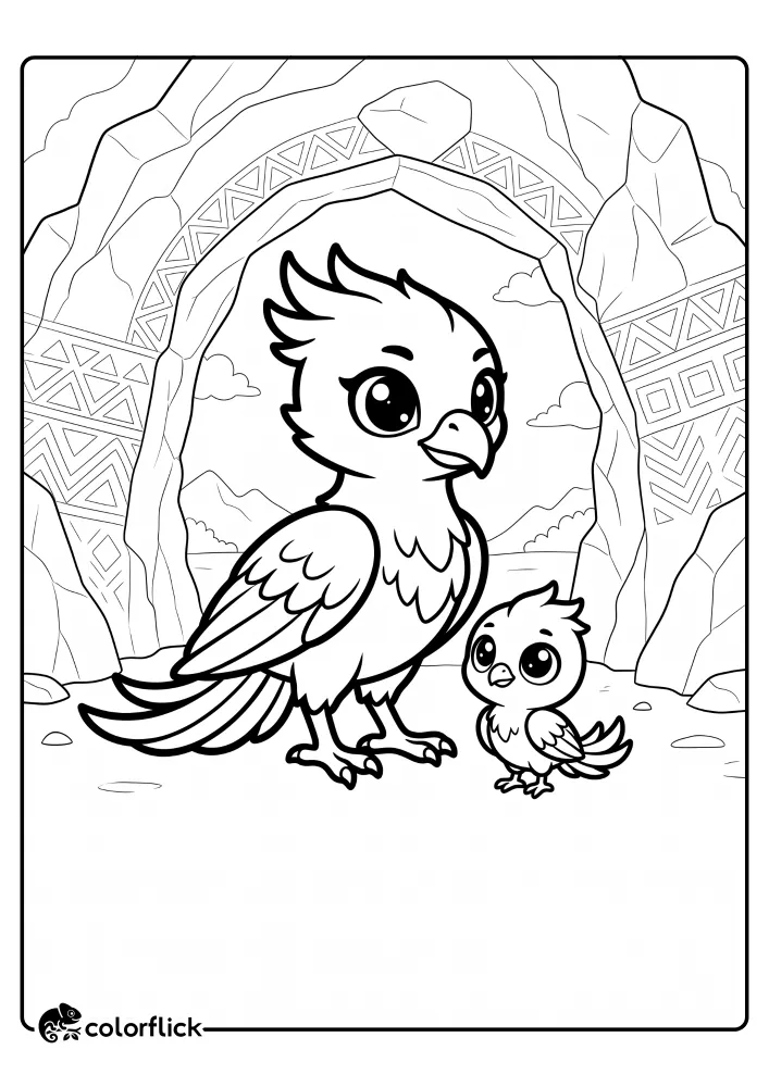 A large adult phoenix standing beside a small phoenix fledgling near a rock cave entrance with geometric patterns printable coloring page for kids.