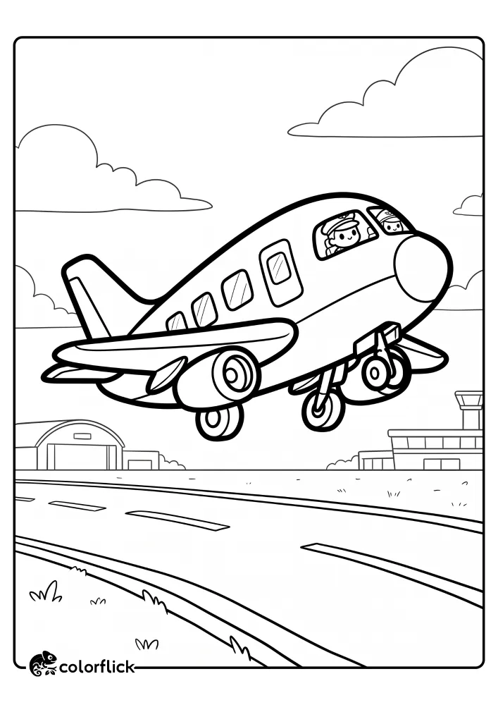 A printable coloring page for kids showing a cute airplane with two child pilots taking off from an airport runway, with a control tower and clouds in the background.
