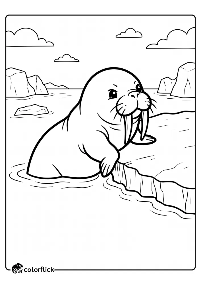 A printable coloring page for kids showing a cute walrus using its tusks and flippers to climb out of the cold ocean and onto a flat floating ice block in the arctic.