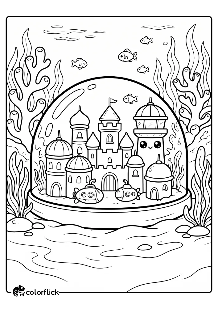 A free printable coloring sheet featuring an awesome fantasy city enclosed inside a massive glass dome resting on the ocean floor, surrounded by twisting coral, tall seaweeds, little fish, and small submarines.