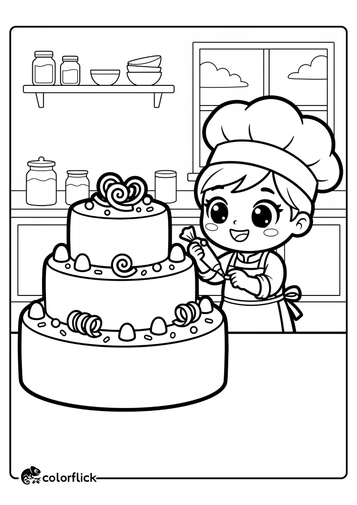 A cheerful baker using a piping bag to decorate a large three-tiered cake with gumdrops, candy ribbons, and sprinkles in a kitchen, printable coloring page for kids.