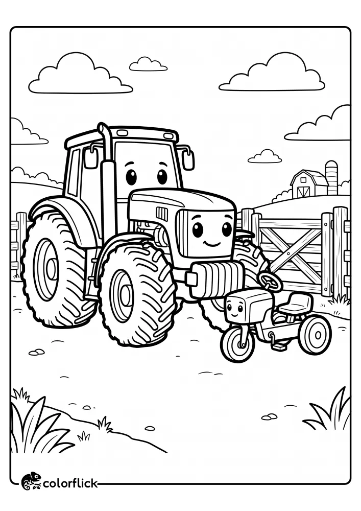 A large smiling farm tractor parked next to a tiny pedal toy tractor by a wooden gate in a fun size comparison free printable coloring sheet.