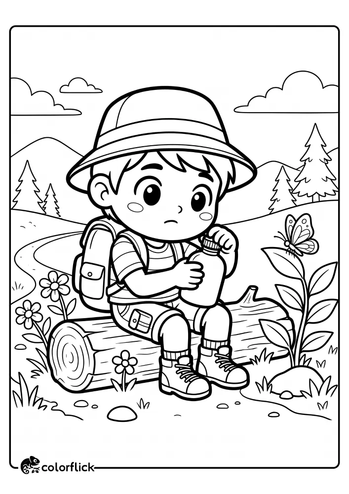 A cute cartoon boy explorer with a backpack sitting on a tree log holding a water bottle. A large butterfly is resting on a nearby plant leaf in a nature setting, a printable coloring page for kids.