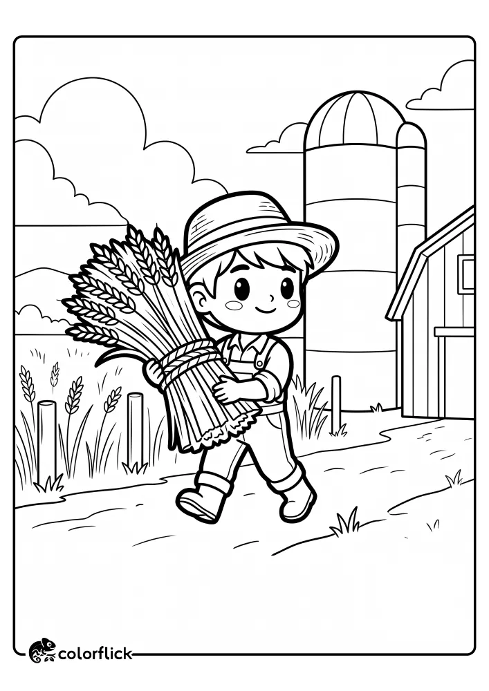 A charming printable coloring page for kids of a young farmer boy wearing a straw hat and overalls, carrying a large bundle of wheat on his shoulder while walking past a farm barn and a tall silo.