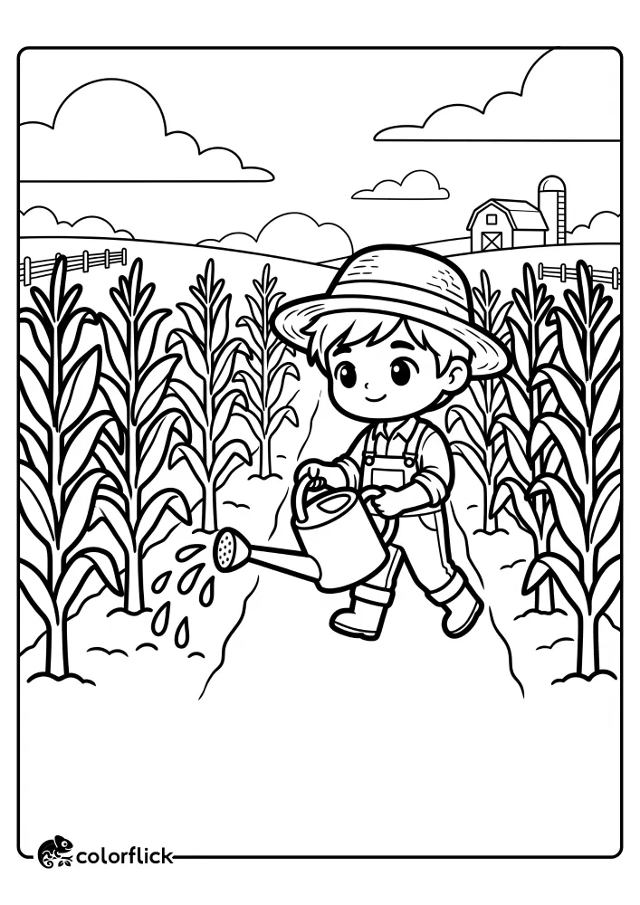 A cheerful boy farmer watering rows of tall corn stalks with a watering can on a farm, perfect printable coloring page for kids. Includes a barn and silo in the background.