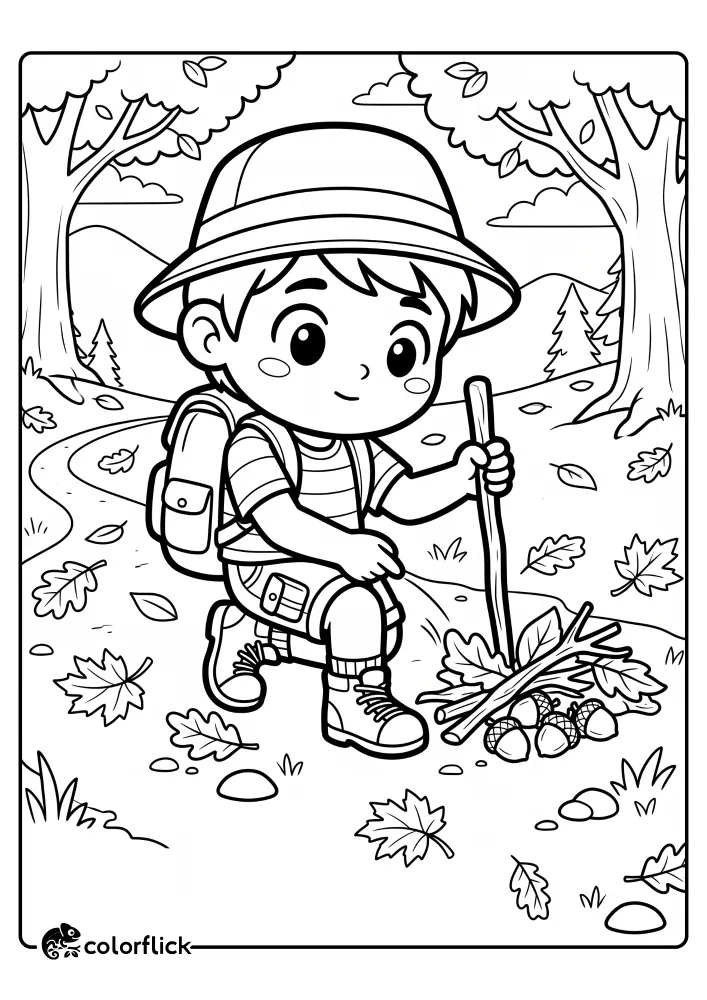 A printable coloring page for kids of a young boy explorer kneeling on a forest trail with a walking stick, examining a small pile of acorns and leaves.
