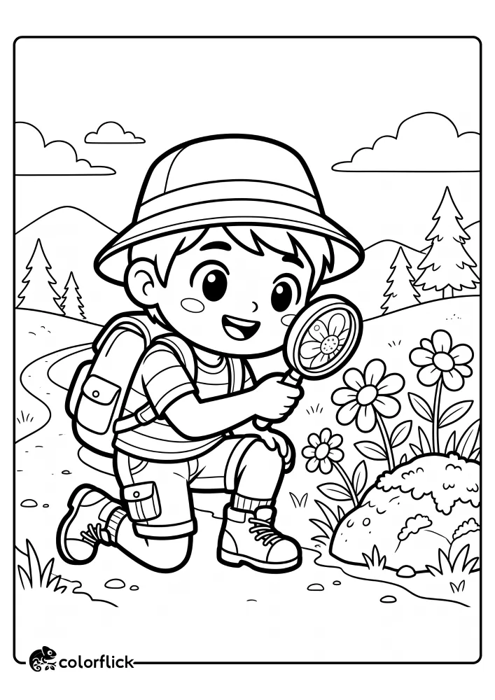 A cheerful cartoon boy explorer wearing a sun hat and backpack kneeling on a mountain trail and using a magnifying glass to examine a cluster of wildflowers, a printable coloring page for kids.