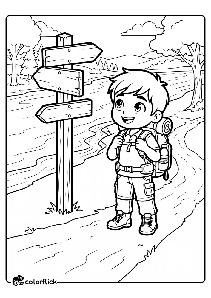 A young boy adjusting his hiking backpack while looking at a wooden trail signpost near a flowing river, a free printable coloring sheet.