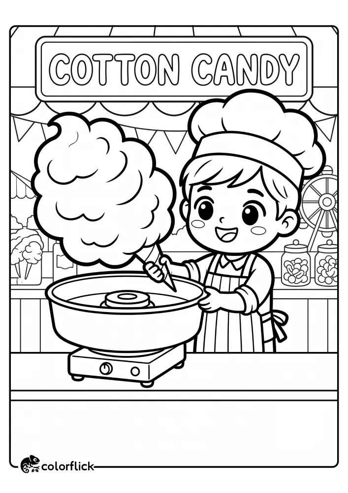 A happy young confectioner spinning a giant fluffy cloud of cotton candy at a fairground stand with a Ferris wheel in the background, free printable coloring sheet.