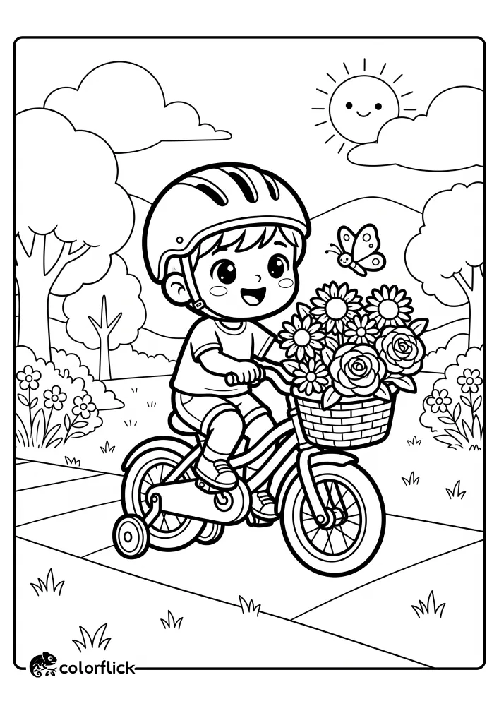Printable coloring page for kids of a smiling boy in a safety helmet riding his bicycle. The bike has a basket filled with flowers and a butterfly is flying nearby. Easy coloring sheet for toddlers and preschoolers.