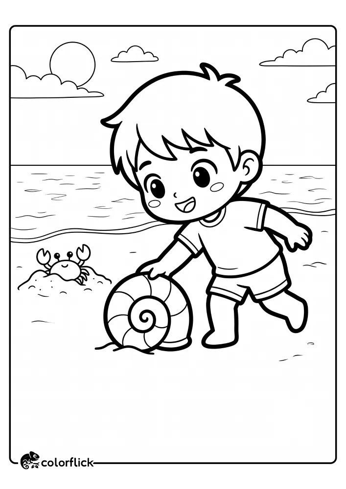A clear line art drawing for a free printable coloring sheet featuring a young boy bending down to pick up a large spiral seashell on the beach, with a small crab peeking out of the sand nearby.