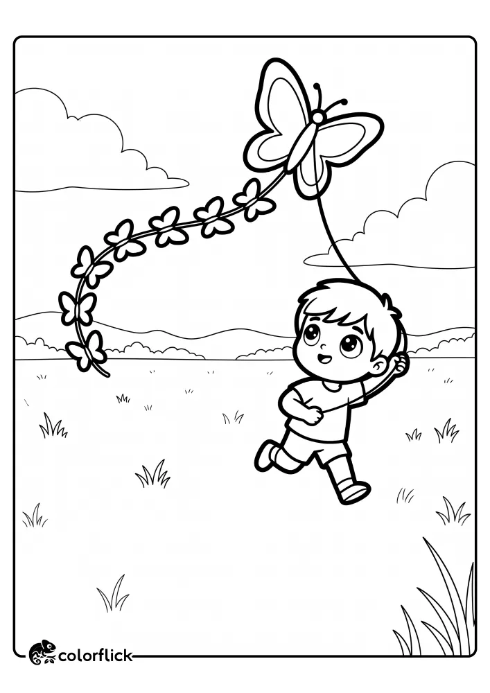 A clear line art drawing for a free printable coloring sheet featuring a happy boy running through a grassy field while flying a large kite shaped like a butterfly.