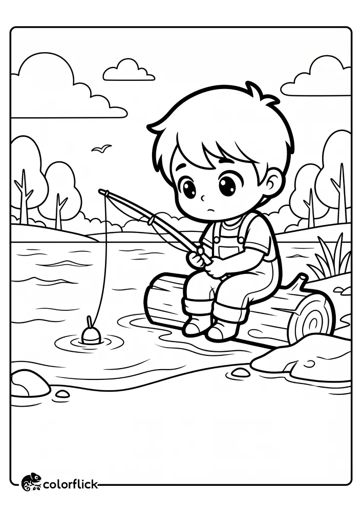 A printable coloring page for kids featuring a young boy in overalls sitting on a sturdy log by a calm lake, patiently holding a fishing pole and watching a bobber float on the water.